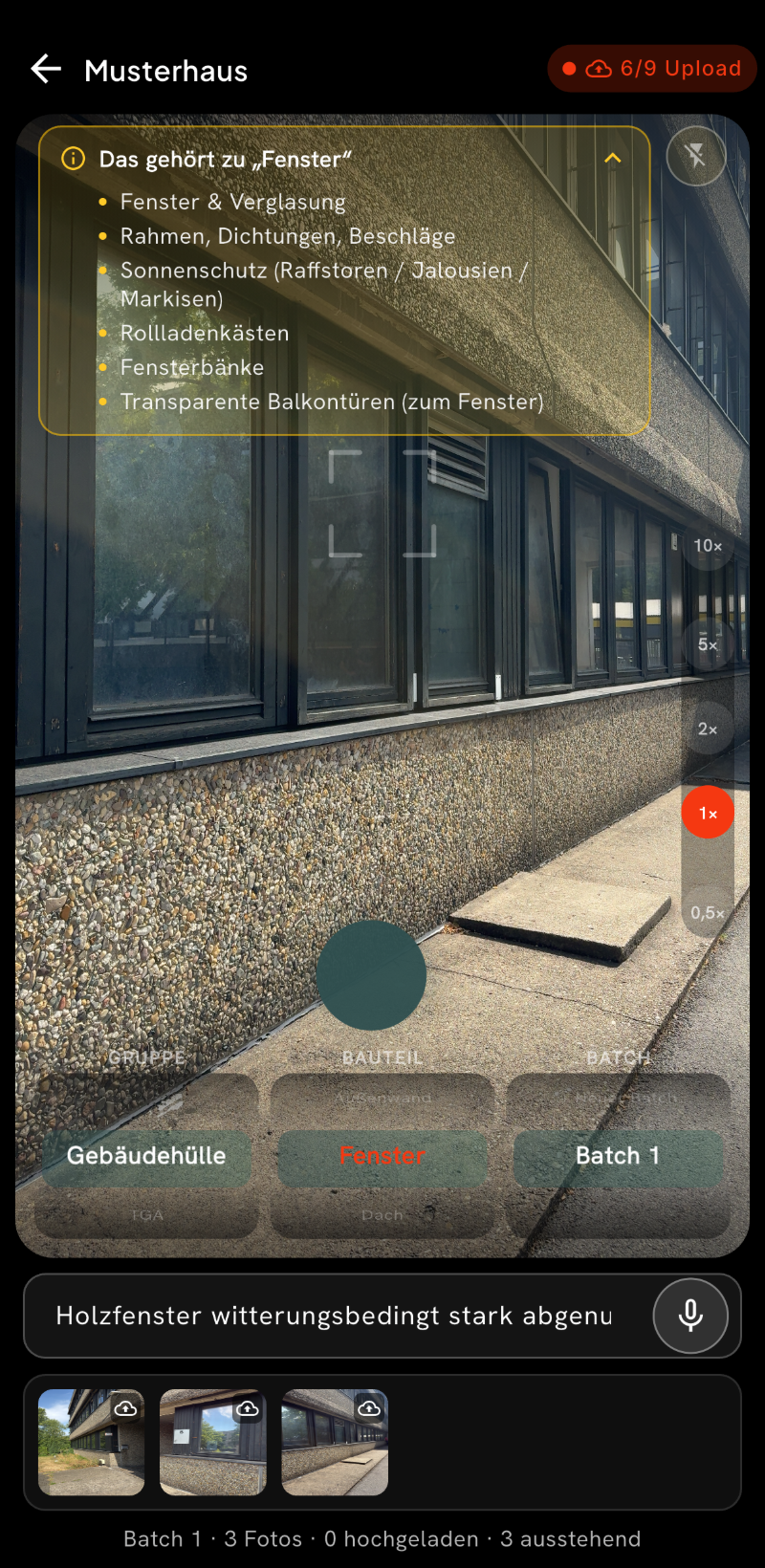 CAIPEX Begehungs-App: Bauteil Fenster mit Foto-Batch, Sprachnotiz und Upload-Status