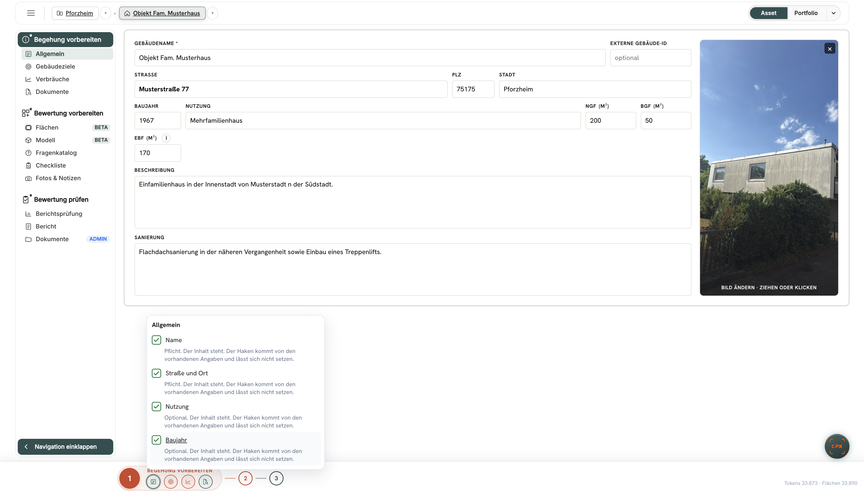 CAIPEX Asset: Begehung vorbereiten, Allgemein mit Gebäudedaten, Foto und Checkliste