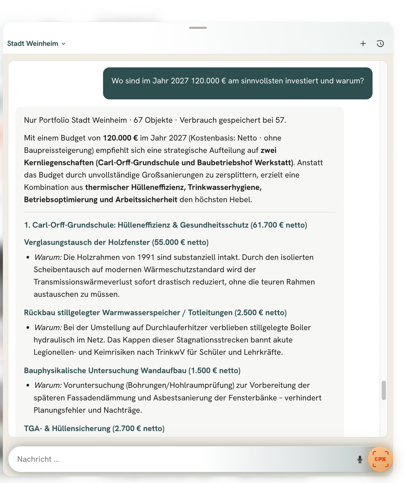 KI-Chat: Investitionsempfehlung für 120.000 € im Portfolio Stadt Weinheim