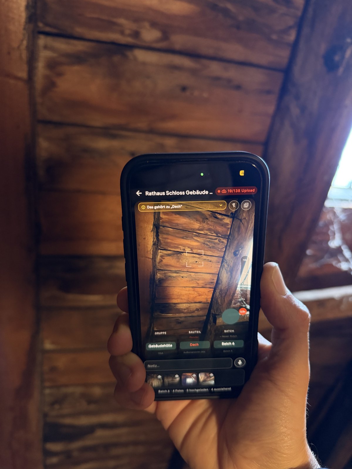 Holzbalken im Dach, Erfassung in der App