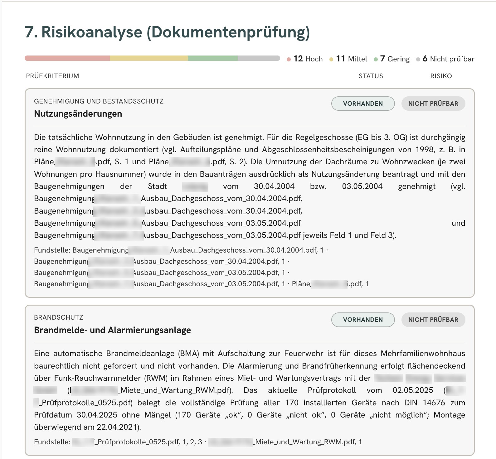 Risikoanalyse der Dokumentenprüfung in einem TDD-Bericht: Prüfkriterien mit Status, Risikoeinstufung, Begründung und Fundstellen