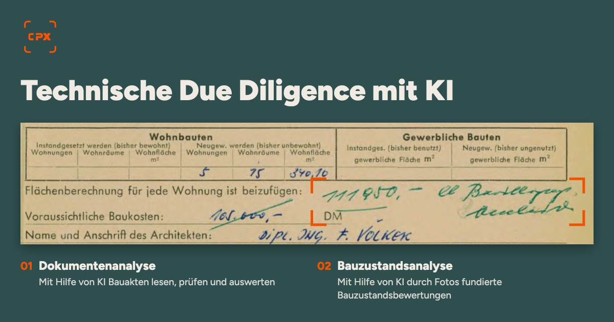 Technische Due Diligence mit KI: historischer Bauantrag mit handschriftlichem Vermerk – KI für Dokumentenanalyse und Bauzustandsanalyse